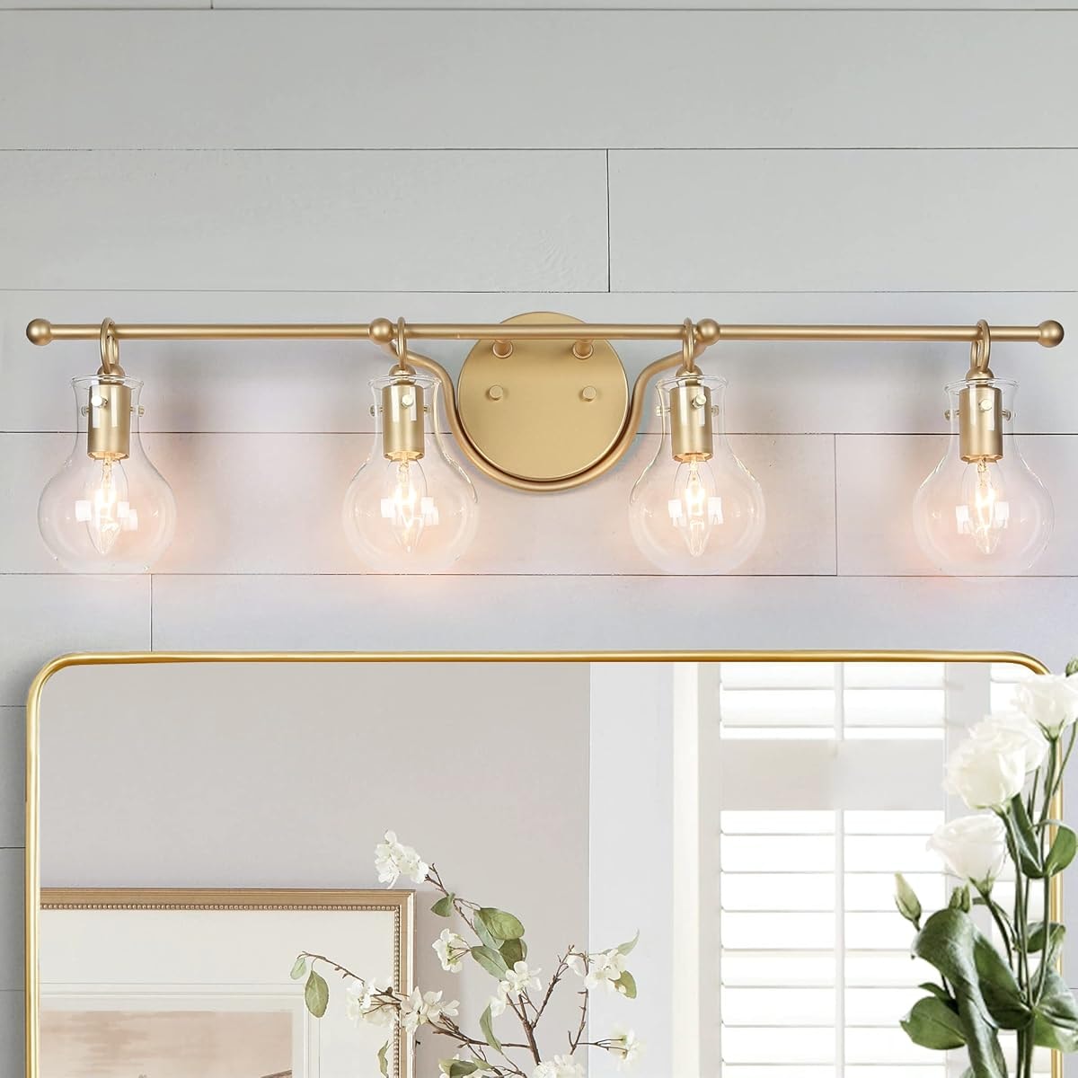 KSANA Gold Vanity Lights, Modern 4 Light Bathroom Light Fixtures with Gourd Glass Shades