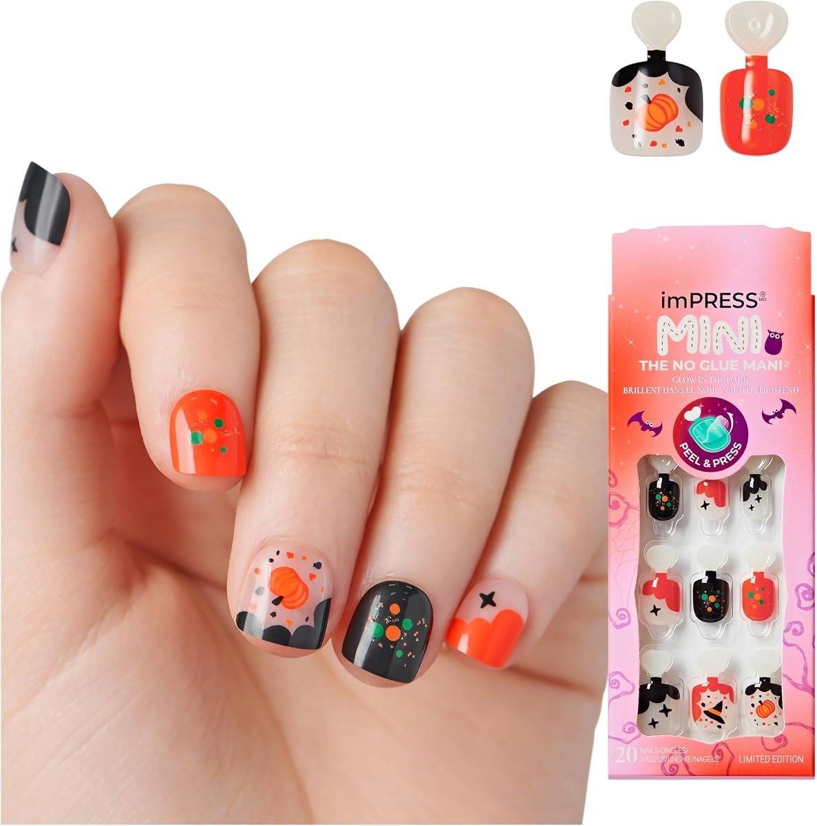 KISS imPRESS MINI Halloween Press On Nails for Kids, ‘Spooky Buddies’, Black & Orange, Squoval, Glow-In-The-Dark, Non-Toxic, Breakaway Application Tabs, Nail File, 20 Child Size Fake Nails