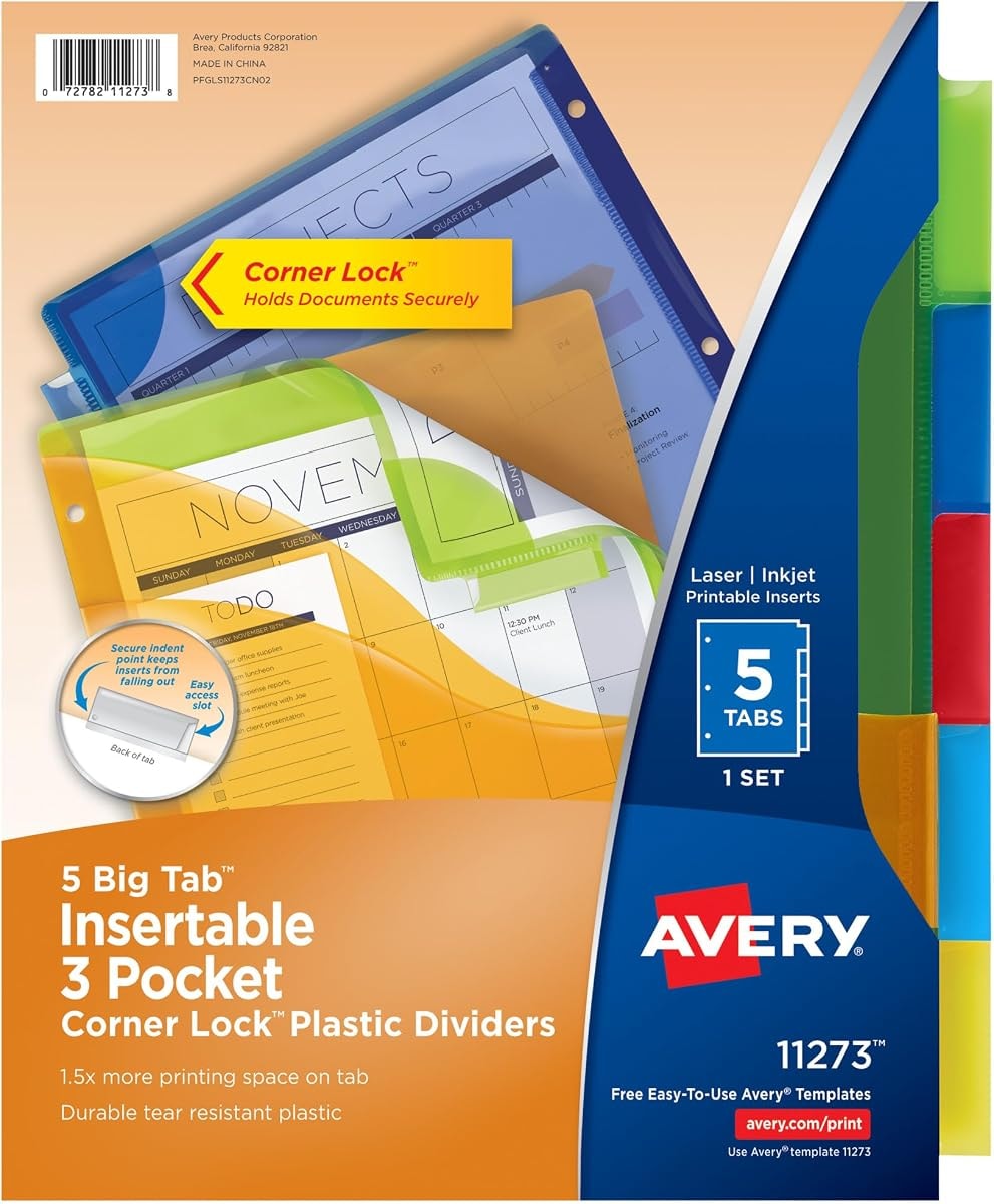 Avery Dividers for 3 Ring Binders, 5 Tab Plastic Binder Dividers, Three-Pocket, Corner Lock, Insertable Big Tabs, Multicolor, Extend Beyond Sheet Protectors, 1 Set (11273)