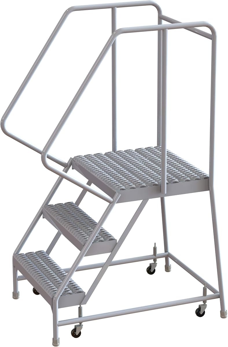 Tri-Arc WLAR103165-D4 3-Step, 21" Deep Top Rolling Ladder with Handrails, 16" Wide Grip Strut Tread