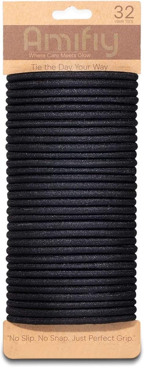 Amifiy Black Hair Ties No Damage, Organic Ponytail Holders Hair Accessories for Women & Men, 4mm Hair Elastics Fits All Hair Types (32 Count)
