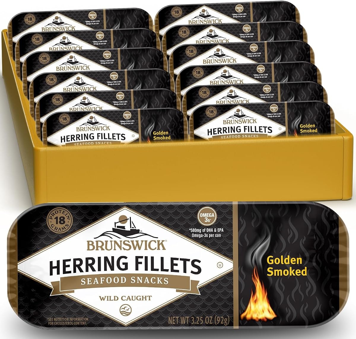 Brunswick Golden Smoked Herring Fillets, 3.25 oz Can (Pack of 12) - 18g Protein per Serving - Gluten Free, Keto Friendly - Great for Pasta & Seafood Recipes