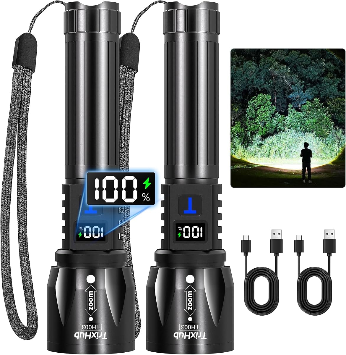 TrixHub Rechargeable LED Flashlights High Lumens 2Pack, Super Bright Zoomable Handheld Flash Light with LCD Digital Display, Powerful Emergency Linternas, Waterproof, Long Lasting, for Hiking Camping