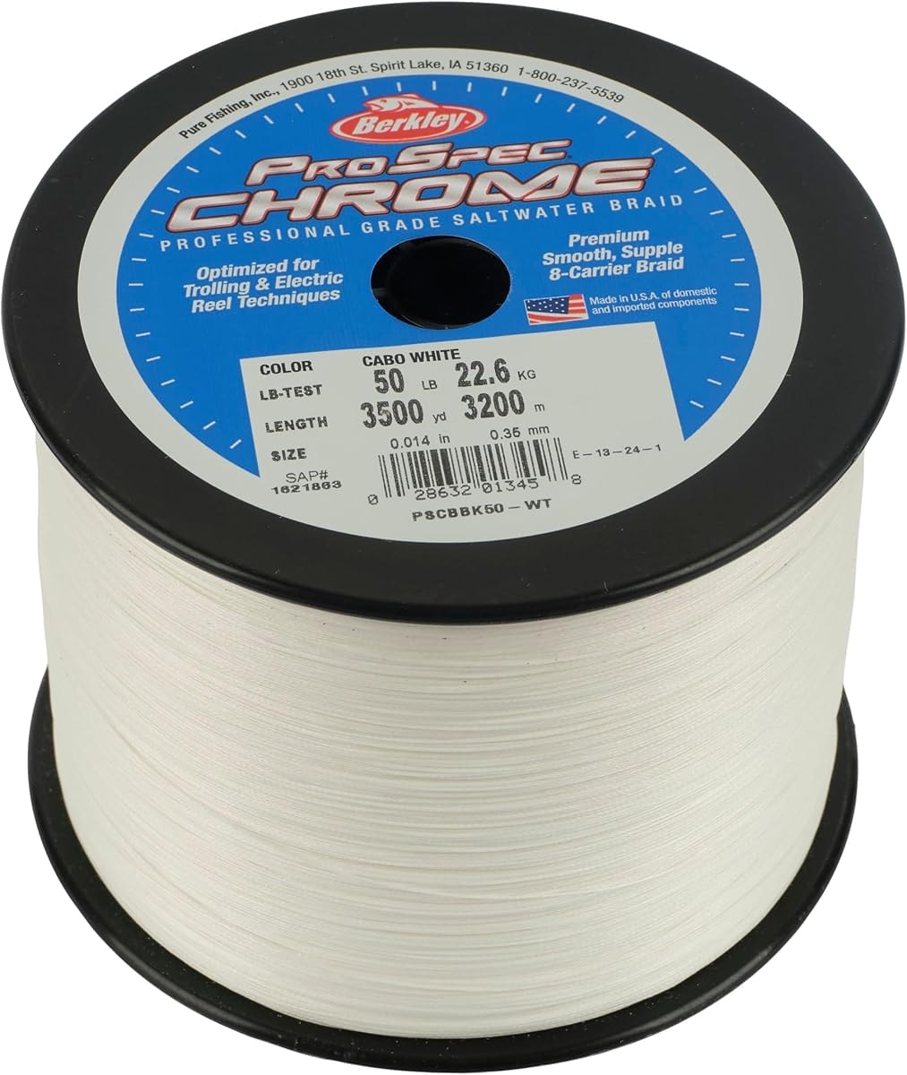 Berkley ProSpec Chrome Braided Fishing Line, Cabo White, 20 lb | 9 kg, 3500 yd | 3200 m, Suitable for Saltwater Environments