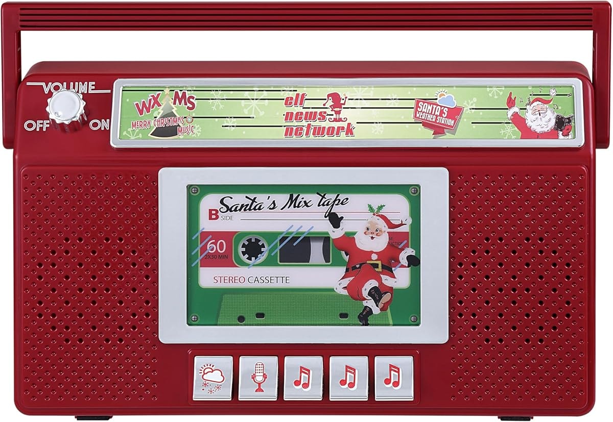 Mr. Christmas Santa’s Boom Box Radio – Retro 10-Inch Christmas Boombox with LED Lights, 9 Holiday Songs, 3 Santa Radio Stations, Battery Operated Holiday Decoration