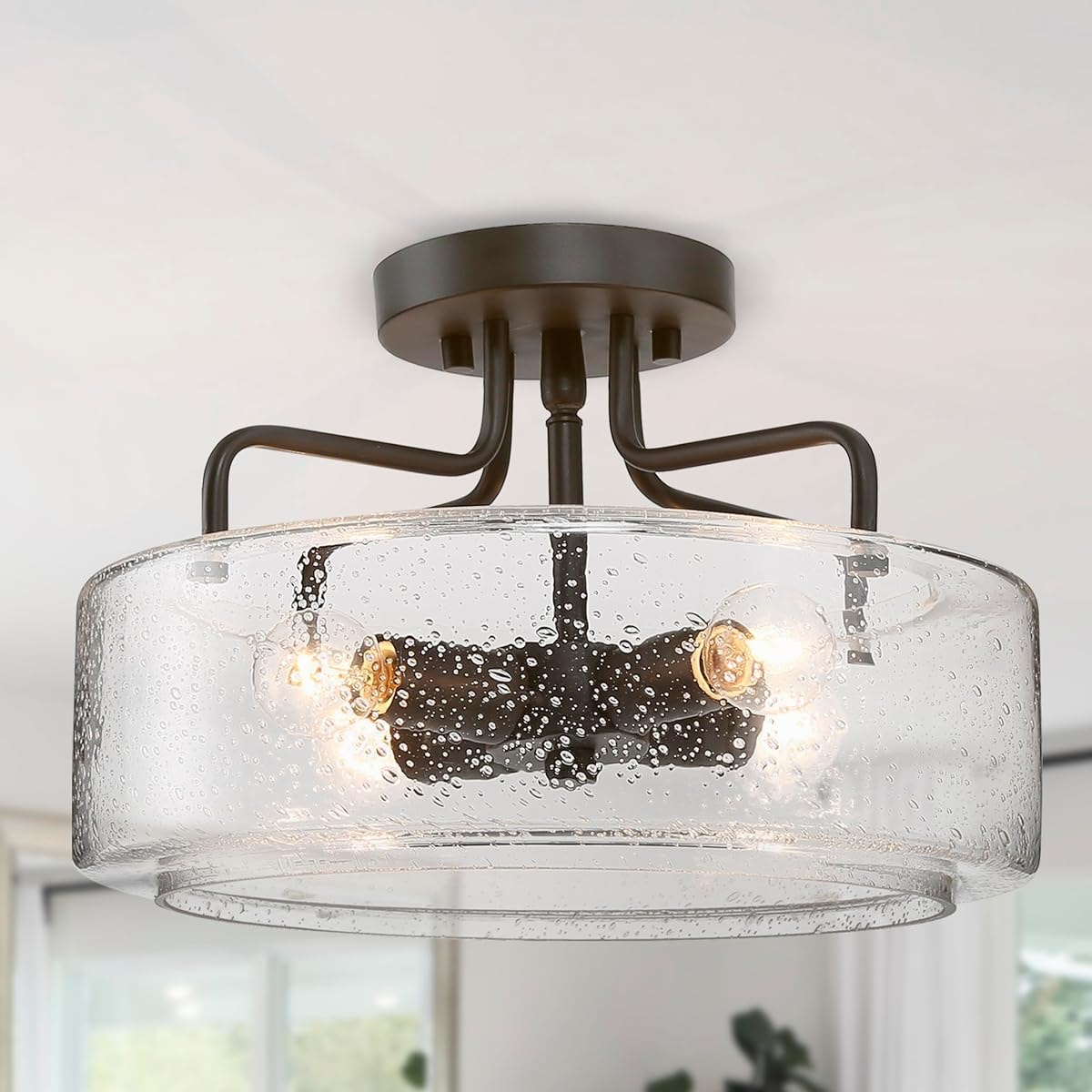 GEPOW Semi Flush Mount Ceiling Light, 4-Light Modern Close to Ceiling Light Fixtures with Seeded Glass for Bedroom, Hallway, Kitchen, Entryway, Oiled Rubbed Bronze Finish