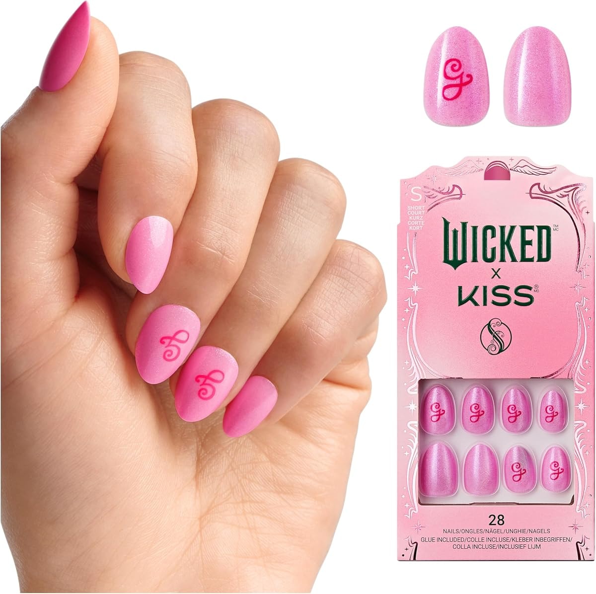 WICKED X KISS Press On Nails Almond, ‘Glinda Goodness’, Pink, Short, Waterproof, Chip Proof, Smudge Proof, 28 Fake Nails, Pink Gel Nail Glue (2g), Mini Nail File, & Manicure Stick