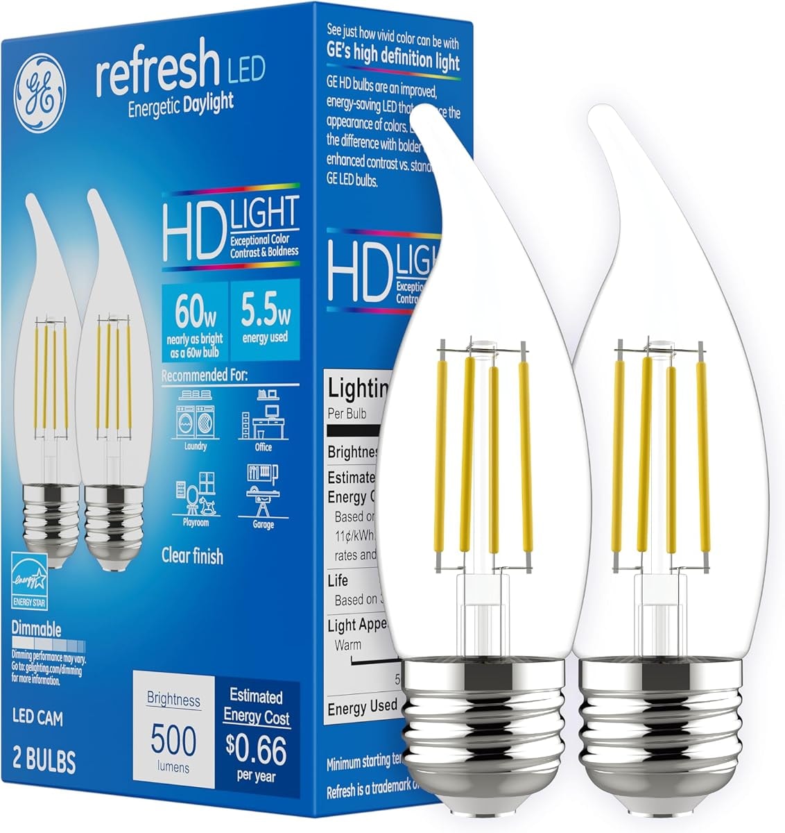 GE Refresh LED Light Bulbs, 60 Watt Eqv, Daylight, Decorative Clear Bulbs, Medium Base (2 Pack)