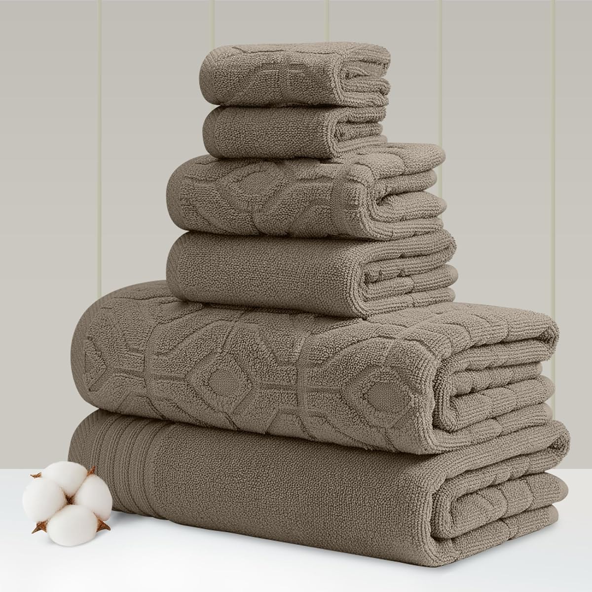 Modern Threads 6 Piece Set, 2 Bath Towels, 2 Hand Towels, 2 Washcloths Yarn Dyed Diamond Gate Jacquard Towel Set Taupe