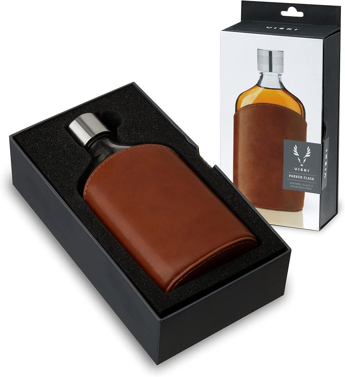 Viski Admiral Parker Glass Flask for Men, Elegant Leakproof Hip Flask with Leather Sleeve for Whiskey, Vodka, Gifts for Men, Groomsmen Gifts, Travel, Camping, Outdoor Adventure, 7 oz, Set of 1