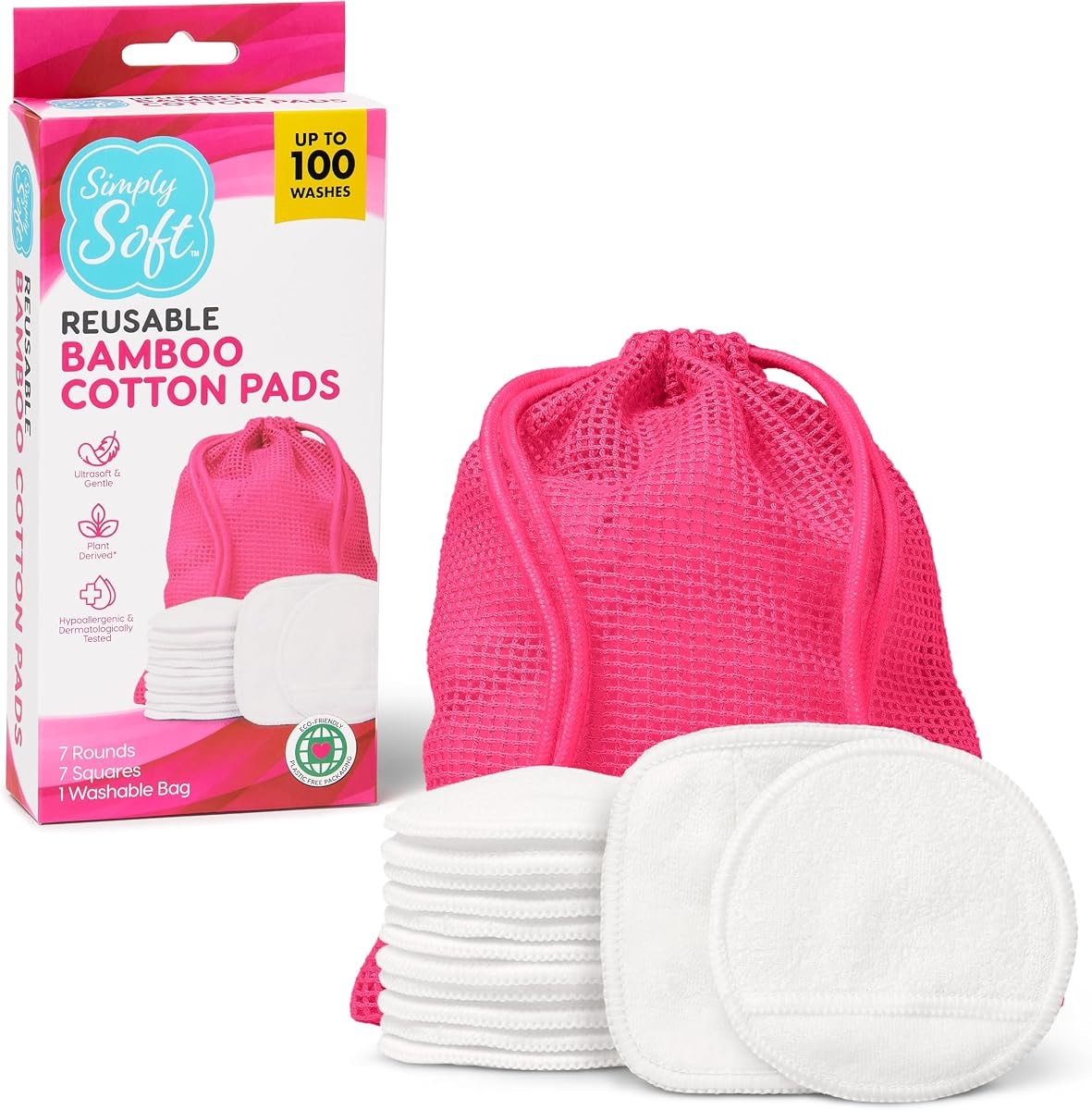 Simply Soft Reusable Cotton Rounds, 14 Count, Makeup Remover Pads for All Skin Types, Sustainable, Minimizes Waste, Dermatologically Tested (7 Rounds and 7 Squares with 1 Washable Mesh Bag)
