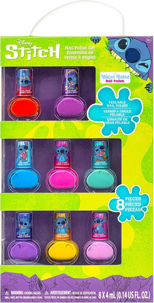 Disney Stitch Non-Toxic Peel-Off Water-Based Safe Quick Dry Nail Polish |Gift Kit Set for Kids Tweens Girls, Shimmer and Opaque Colors| Ages 3+ (8 Pcs)