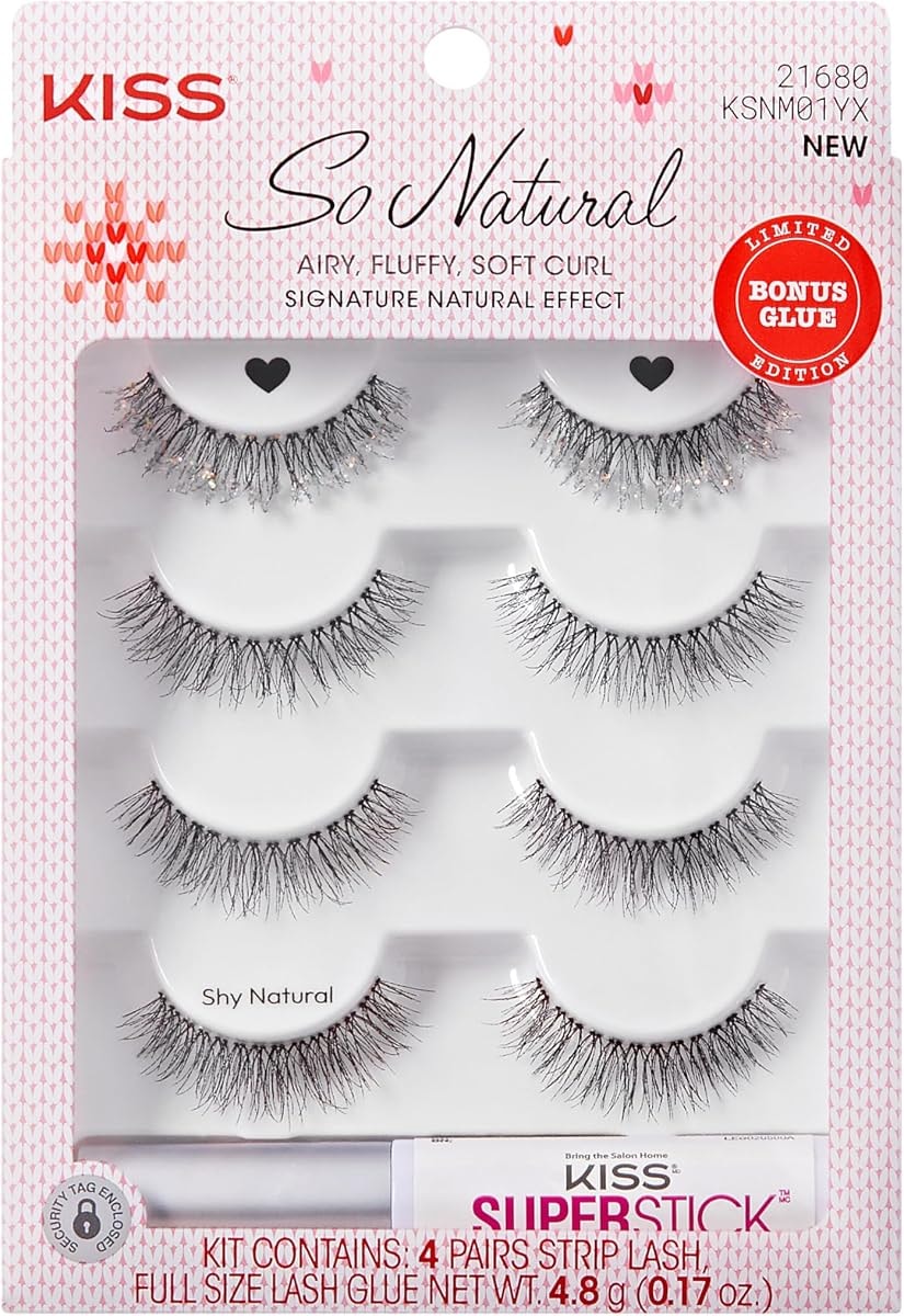 KISS So Natural Holiday False Eyelashes, ‘Shy Natural’, 8mm-10mm, Natural Volume, Tapered Ends, 3 Pairs + 1 Pair with Glitter, KISS SuperStick Strip Lash Adhesive, Clear, Net Wt. 4.8g (0.17 oz.)