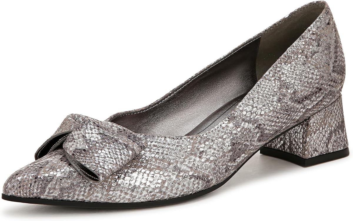 Naturalizer Womens Mavis Bow Pointed Toe Block Heel Pump Silver Metallic Snake 8 M