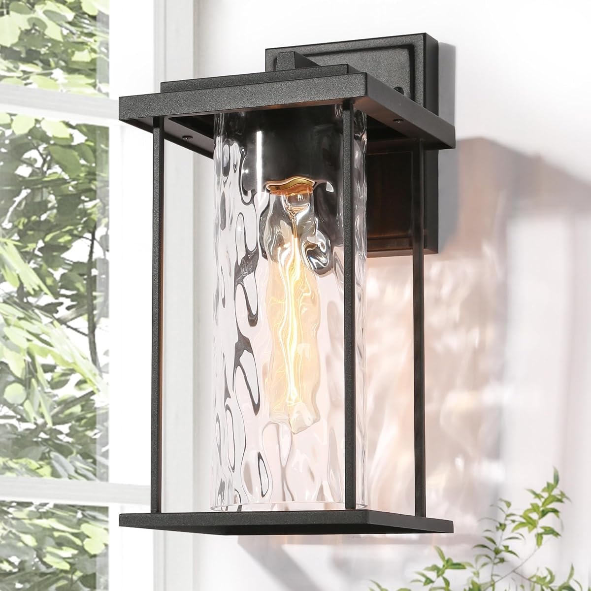 Black Outdoor Wall Lights, Farmhouse Exterior Wall Sconces Light Fixture with Cylindrical Water Ripple Glass Shade, Modern Waterproof Lanterns for Front Door, Entry, Porch, Patio, and Gazebo