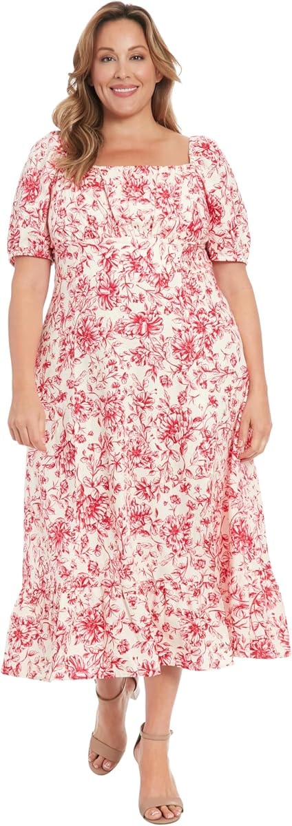 London Times Women's Dresses Square Neck Smocked Back Linen Blend Flattering Versatile Spring Summer Garden Party Dress, Ivory Deep Rose, 22