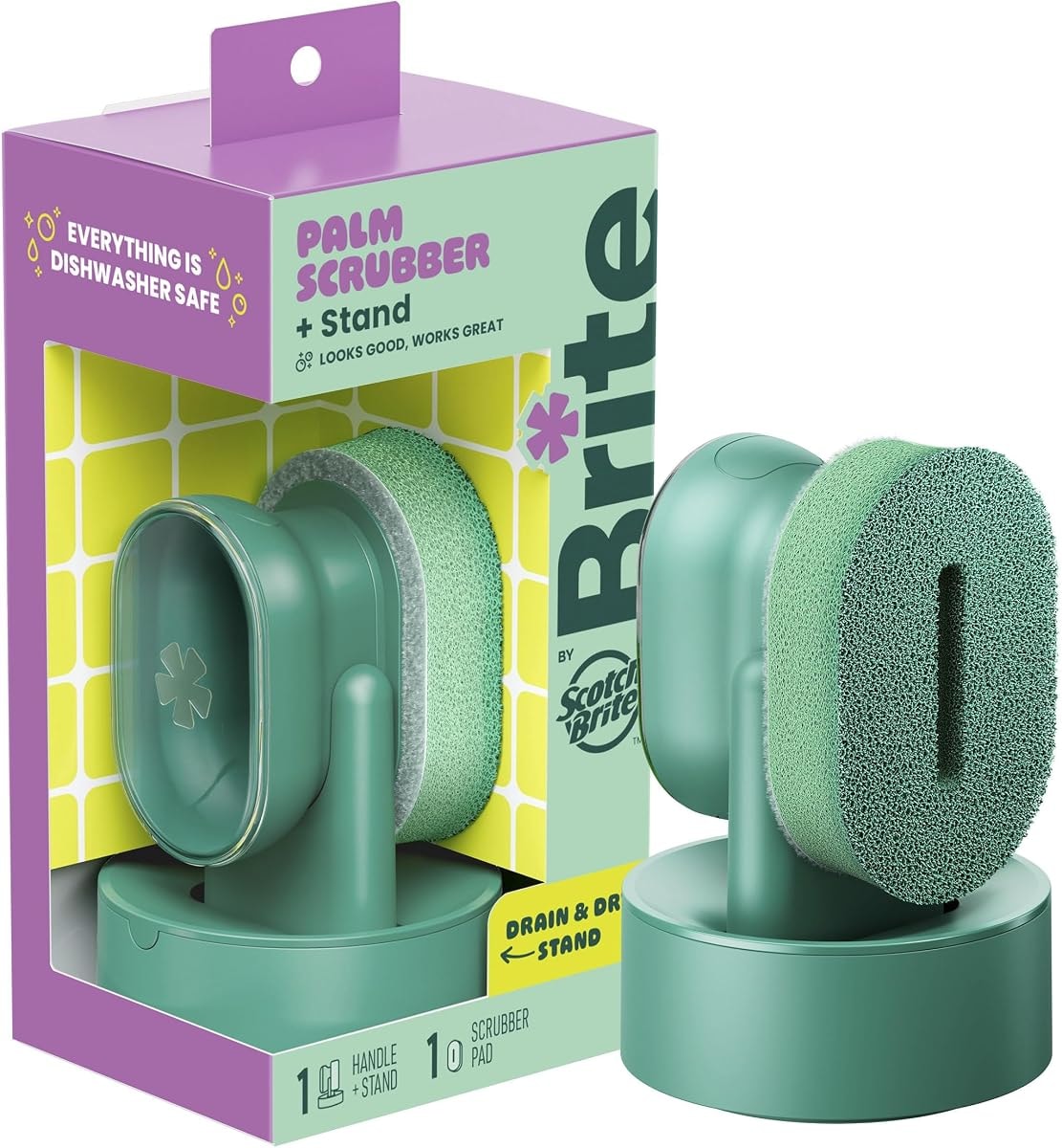 Brite by Scotch-Brite Palm Scrubber with Drain + Dry Stand, Household and Kitchen Sponge for Washing Dishes with Comfy Grip, 1 Scrub Sponge with Soap Dispenser