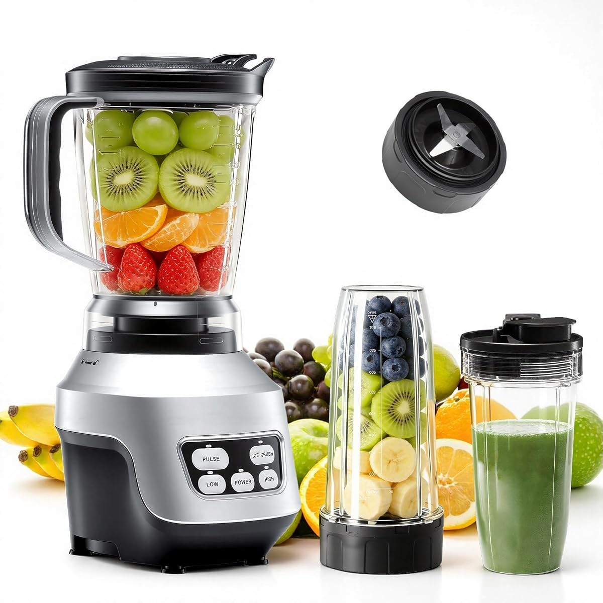 OLIXIS Smoothie Blender, Countertop Blenders for Kitchen with 24 35 60 oz BPA-Free Portable Cups, Professional Smoothie Maker with Four Programs for Shakes, Sauces, Juice and Ice Crushing, Silver