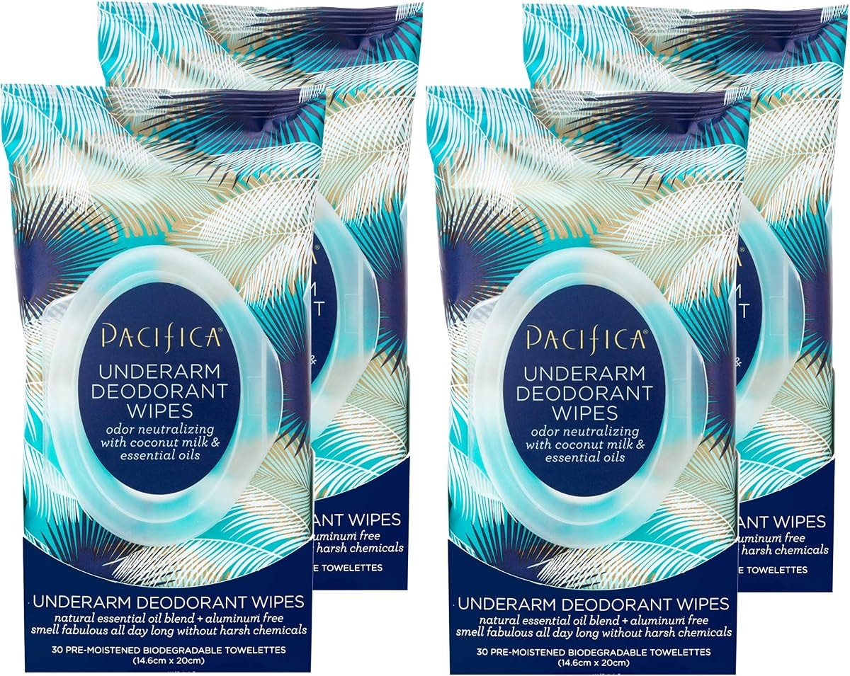 Pacifica Beauty Coconut Milk & Essential Oils Underarm Deodorant Wipes, Helps Remove Odor, Aluminum-Free, Vegan & Cruelty-Free, 30 Wipes (4-Pack)