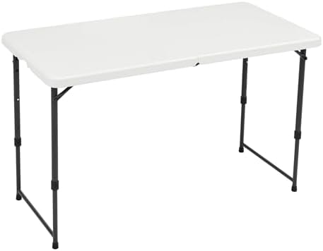 Amazon Basics Portable 4 Foot Rectangular Folding Dining Table, 4 Adjustable Height Settings, Carrying Handle, Indoor & Outdoor, Sturdy for Events, White, 47.8 x 23.9 x 33.9 in