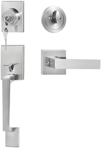 VEVOR Front Door Handle and Deadbolt Set, Square Entry Handle Set with Lever, Single Cylinder, Adjustable Hole Space, Reversible for Right and Left Handed Entrance and Front Doors, Satin Nickel