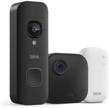 Blink Outdoor 4 and Battery Doorbell 2K+ (newest model) — Two-year battery 1080p camera and 2K battery doorbell. Sync Module Core included — 1 Camera + Doorbell (Black)