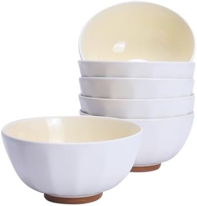 Anveena 24 Oz Porcelain Bowls Set of 6 - Durable for Cereal, Soup, Rice, Pasta, Salad, Oatmeal - Microwave Dishwasher Safe, cream yellow