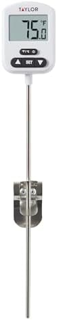 Taylor Programmable Digital Candy and Deep Fry Thermometer with Green Light Alert Display, Long Stem, and Adjustable Pan Clip, White