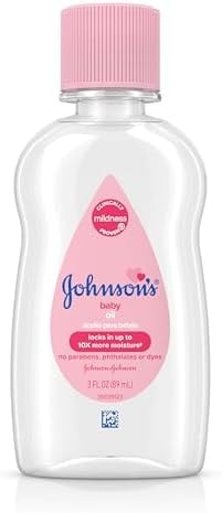 Johnson's Baby Oil, Pure Mineral Oil to Prevent Moisture Loss for Newborn, Kids, & Adults, Gentle, Soothing Baby Massage Oil, Dry Skin Relief, Hypoallergenic, Original Scent, Baby Essentials, 3 fl. oz