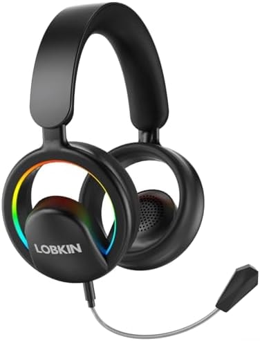 LOBKIN Open Ear Headphones, Bluetooth 6.0 Wireless Headset with Detachable Mic, Adjustable RGB Lights, Voice Assistant Comfortable Breathable Safe Lightweight Over Ear Headphones for Working Gaming
