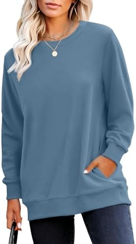 RUMIA Crewneck Fall Sweatshirt for Women Plain Long Sleeve Top with Pocket