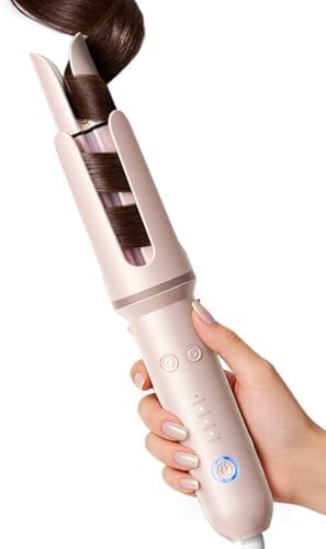 DYHOO Automatic Curling Iron, 4 Temp, 1.25" Rotating Curling Wand for Beach Waves &Loose Curls, Ionic Ceramic Barrel, Anti-Scald&Tangle, Dual Voltage, Pink