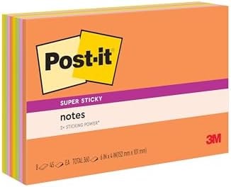 Post-it Super Sticky Notes, 6 x 4 in, Neon Fizz, 8 Pads, 45 Sheets/Pad