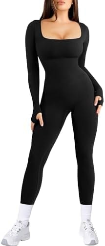 Popilush Jumpsuits for Women Long Sleeve Built-In Bra Black L