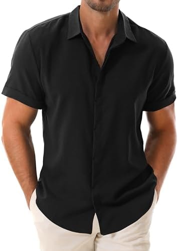 Drazivon Men's Linen Shirts Short Sleeve Button Down Shirts for Men Casual Beach Summer Wedding Tops Black M