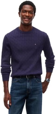 Tommy Hilfiger Men's Cable Knit Crewneck Sweater Lightweight Pullover, Nocturnal Purple Large