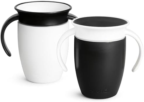 Munchkin Miracle 360 Sippy Cup for 6 Month Old, Spill Proof Baby and Toddler Cups with Transition Handles, 7 Ounce, 2 Pack, Black/White