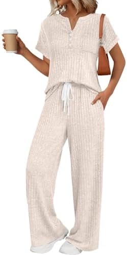 LILLUSORY Women 2 Two Piece Matching Lounge Sets 2026 Spring Summer Beach Vacation Clothes Pajamas Top Wide Leg Pants Sweat Suits Airport Travel Outfits Casual Sweatsuit Fashion Loungewear
