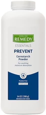 Medline Remedy Essentials Cornstarch Powder (14 oz Bottle), 12 Count, Fresh Scent, Talc Free, Shaker Top, Skin Care, Absorbs Sweat, Soothes, Reduces Friction & Chafing, For Adults, Feet, Groin