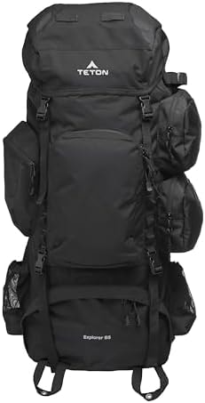 Teton 85L Explorer Internal Frame Backpack for Hiking, Camping, Backpacking, Rain Cover Included, Black