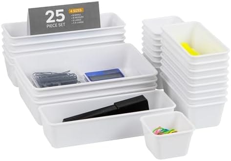 Mind Reader 25-Piece Drawer Organizer Set, Storage Trays for Kitchen, Bathroom, Office, Makeup, Jewelry & More, Junk Drawer Tray, Utensil Holder, Plastic, White