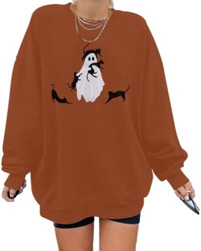 Halloween Spooky Season Sweatshirt Women Black Cat Ghost Sweatshirts