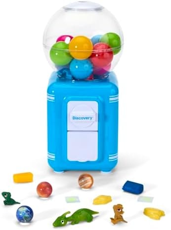 Discovery Toy Vending Machine for Kids| Dispense 12 Surprise Prize Capsules| Refillable Mini Gumball Machine Toy| Planet Bouncy Balls, Dinosaur Figurines, Clay, Stickers| Gift for Boys Girls| Ages 3+