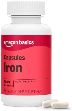 Amazon Elements Iron 18mg, Supports Red Blood Cell Production, Vegan, 195 Capsules, 6 month supply (Packaging may vary)