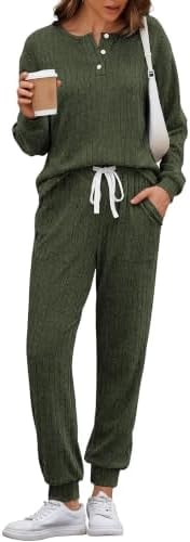 Ekouaer Womens Knit 2 Piece Lounge Sets Long Sleeve Top and Pants Outfits