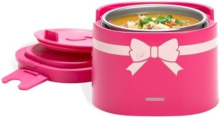 Paris Hilton Electric Lunch Warmer, 20-Ounce Stainless Steel Portable Food Container With Sealing Lid, Removable 2.5-Cup Inner Dish, Bow Front Decal, Hot Pink