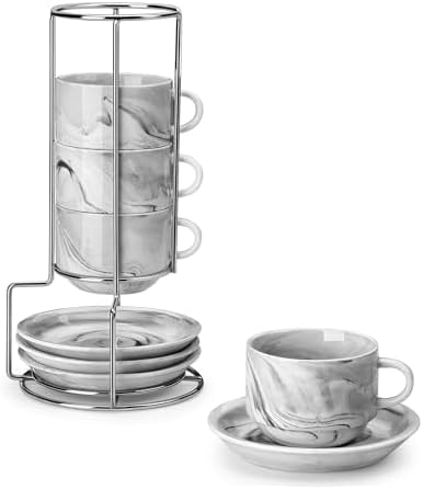 MALACASA 4 OZ Porcelain Espresso Cups with Saucers and Metal Stand Set of 4, Stackable Cappuccino Cups, Marble Gray Expresso Shots Cup Set for Coffee Drinks, Latte, Tea