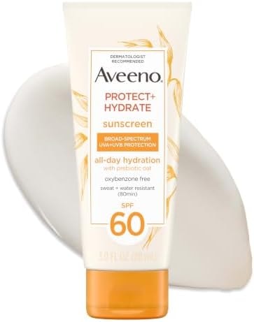 Aveeno Protect + Hydrate Sunscreen Lotion for Body & Face with Prebiotic Oat, SPF 60 Broad Spectrum Sunscreen, Paraben, & Oil Free, Water & Sweat Resistant (80-min) for Sensitive Skin, 3 Fl Oz