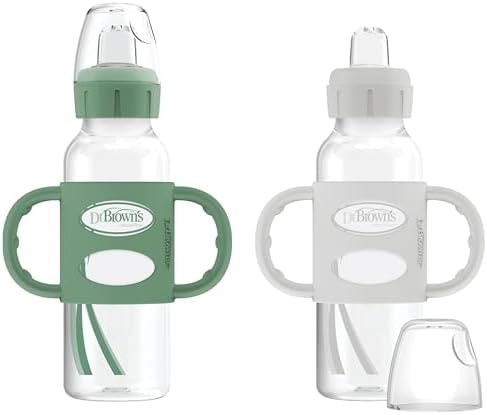 Dr. Brown's Milestones Narrow Sippy Spout Bottle with 100% Silicone Handles, Easy-Grip Handles with Soft Sippy Spout, 8oz/250mL, Green & Gray, 2-Pack, 6m+