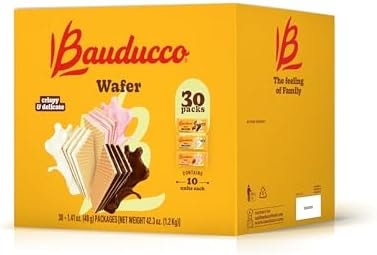 Bauducco Wafer Single-Serve Box – Crispy Wafers in Chocolate, Vanilla, and Strawberry Flavors, 42.3 oz (30-Pack)